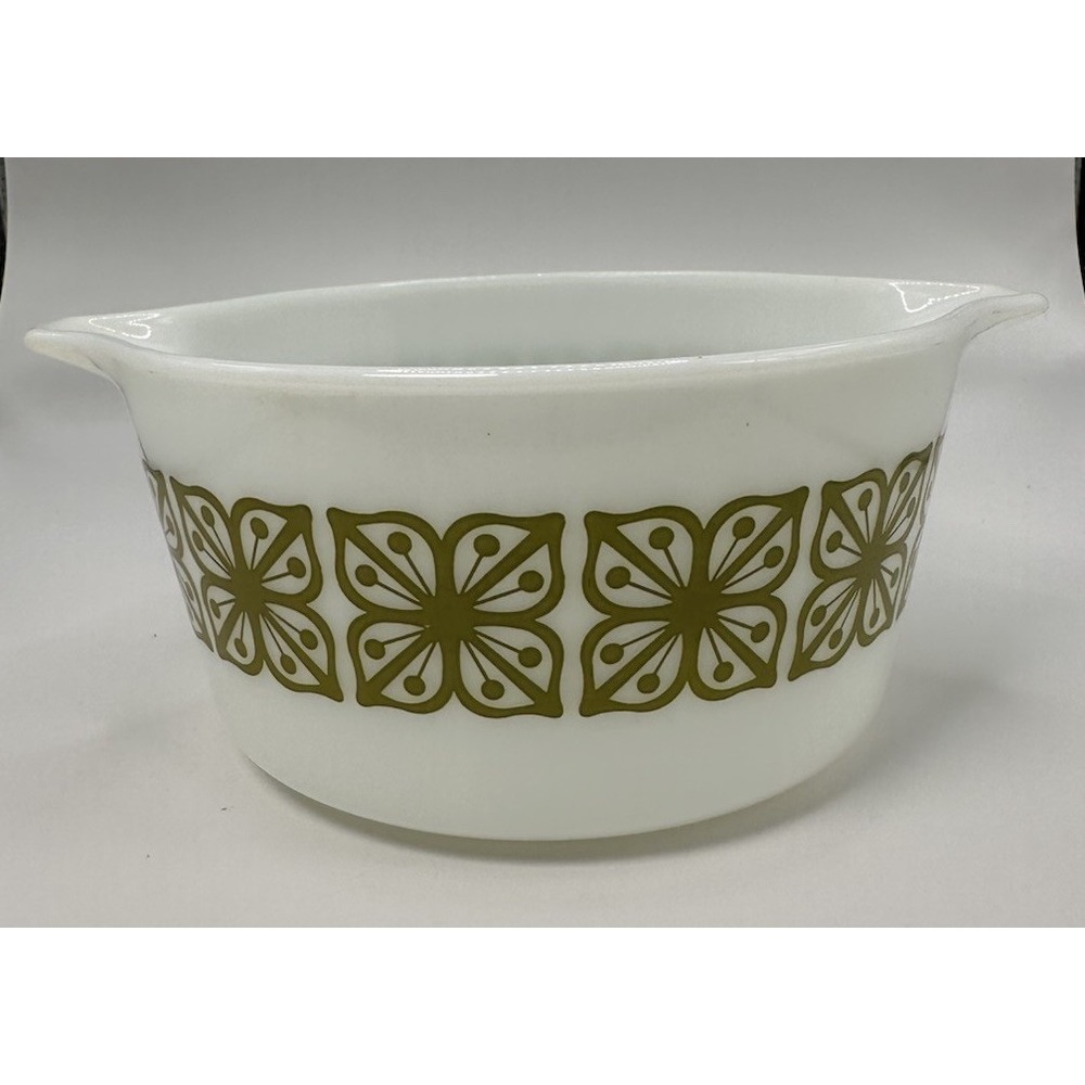 Vintage Pyrex Autumn Floral Verde Squares Olive‎ Green 1 Qt USA Ovenware